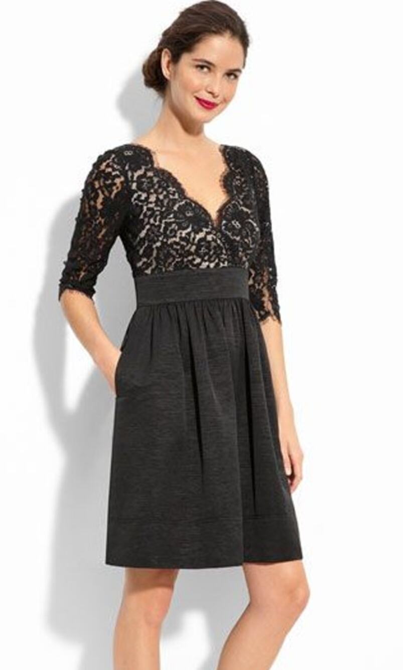 Eliza J Faille V Neck Scalloped Lace Mini Dress 3/4 Sleeve Fit and Flare Black